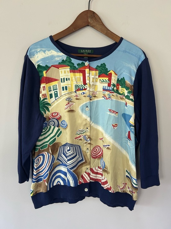 Lauren Ralph Lauren Sweaters - Lauren Ralph Lauren Silk Scenic Print Cardigan Coastal Riviera Size 2X